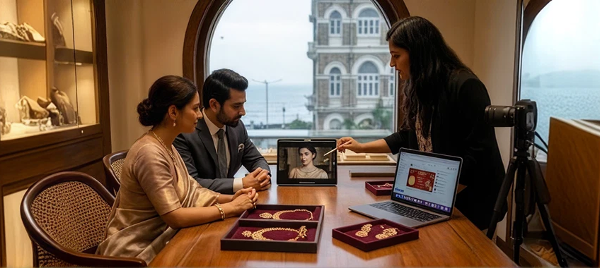 A jewellery retail team meeting around laptops beside a showroom window