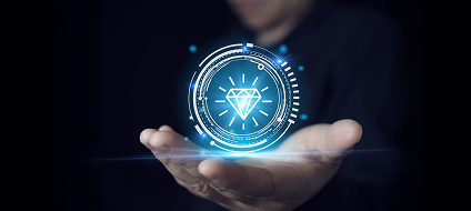 A glowing diamond hologram above an open hand