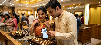A couple choosing jewellery on a tablet in a busy showroom