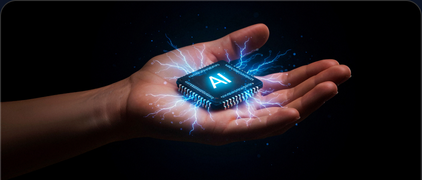 An open hand holding a glowing AI processor chip