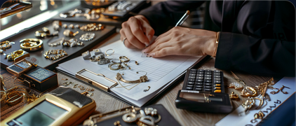 A jeweller appraising gold pieces beside a paper ledger and a calculator