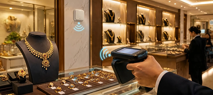 A jewellery showroom assistant serving a customer at a lit display case