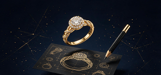 A gold ring beside a designer’s sketch and pen