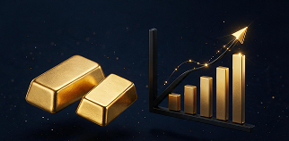 Gold bars beside a rising bar chart