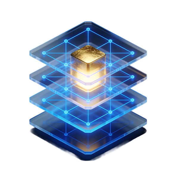 Isometric illustration of the SIONIQ platform: stacked, connected layers over a lit core