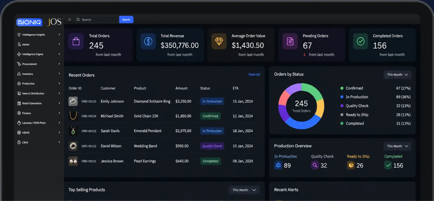 SIONIQ JOS Order Management dashboard