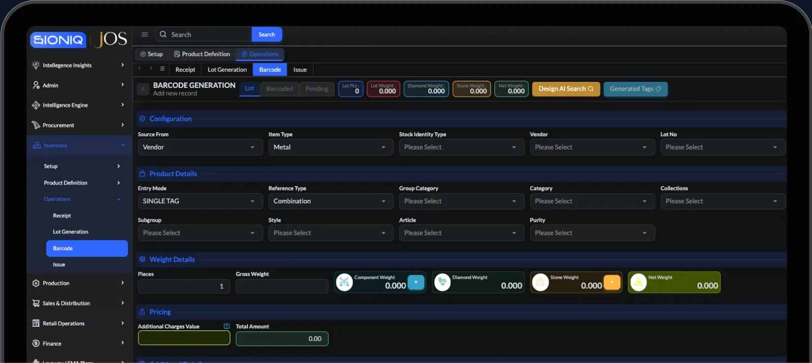 SIONIQ JOS Barcode & Inventory Management dashboard